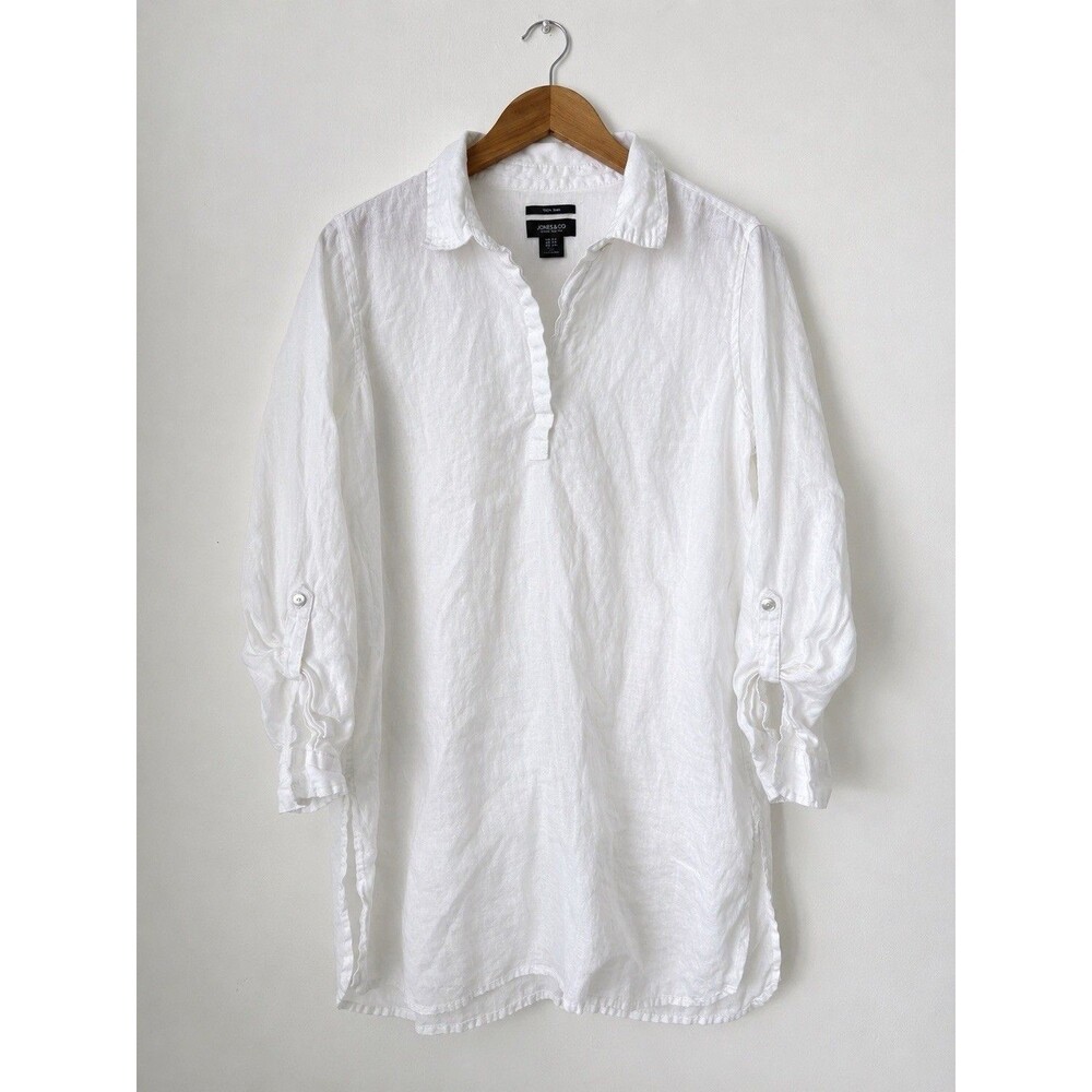 Jones & Co 100% Linen White Tunic Shirt Women’s Large Roll Tab Sleeve